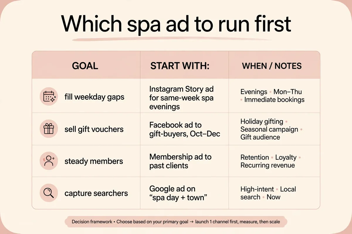 Which spa ad to run first, decision framework by goal