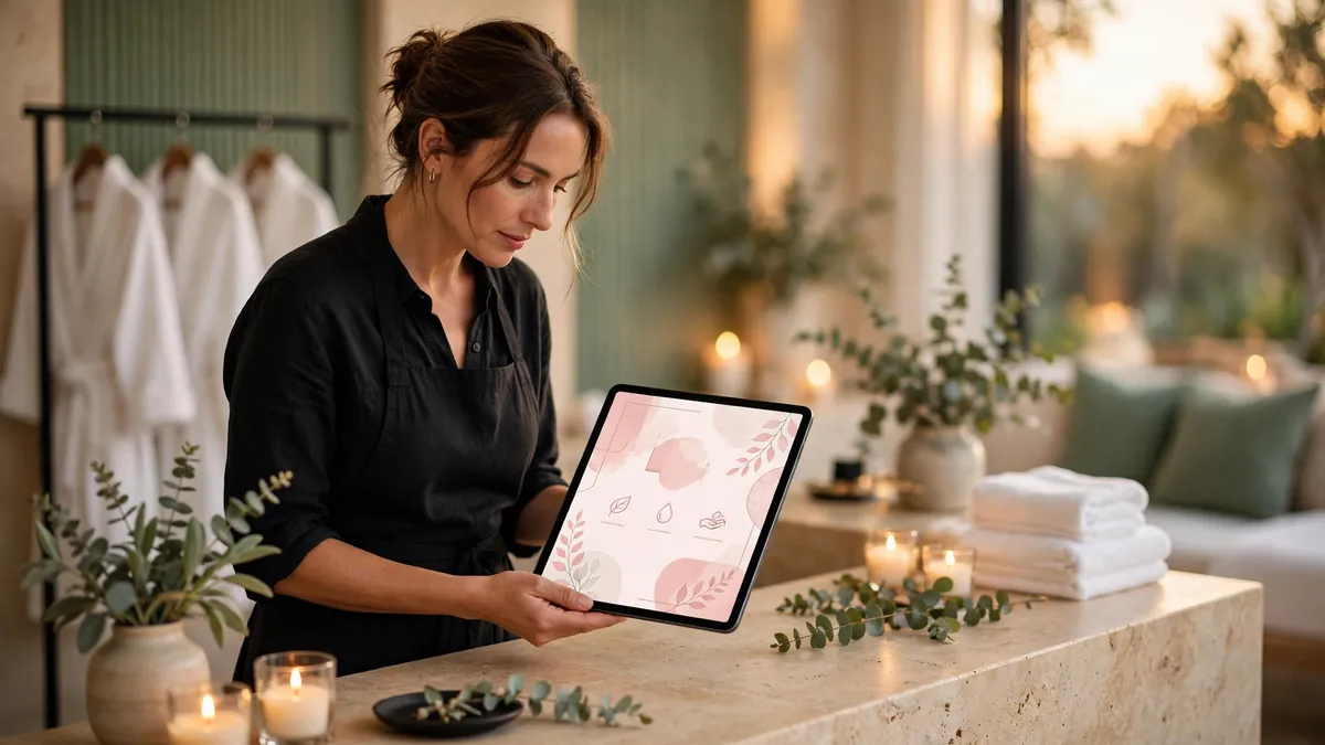 Spa advertising for UK spas, a spa owner planning ad campaigns at reception