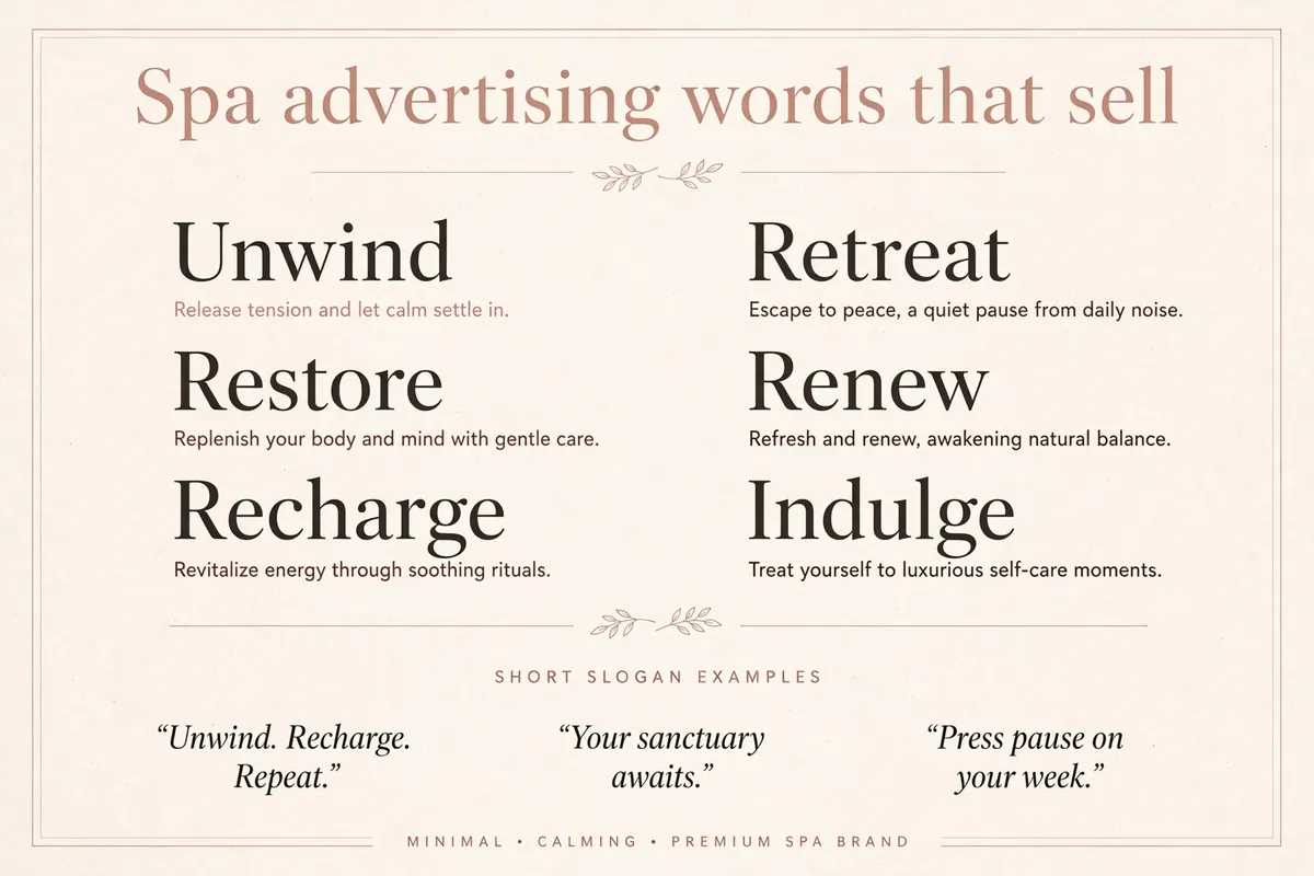Spa advertising words that sell, a word bank and short slogan examples