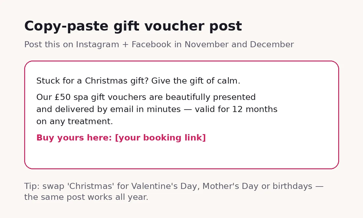 Copy-paste gift voucher social media post template for spas