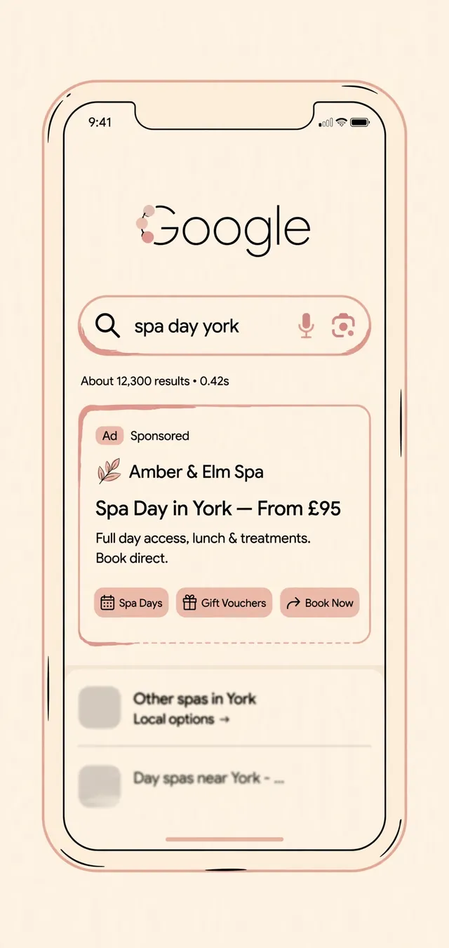 Stylised Google search ad mockup, a spa advertising sample for the fictional Amber & Elm Spa, Spa Day in York from £95