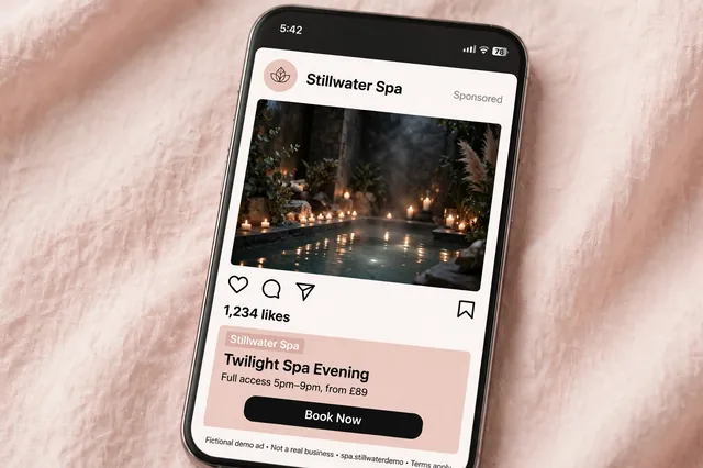 Stylised Instagram feed ad mockup, a spa advertising example for the fictional Stillwater Spa, Twilight Spa Evening from £89
