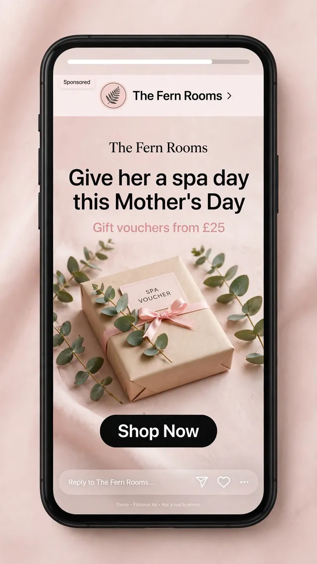 Stylised Instagram Story ad mockup, a spa advertising example for the fictional Fern Rooms, Mother's Day gift vouchers from £25