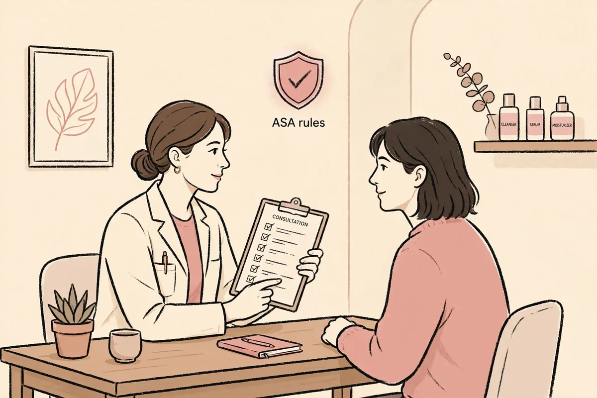 Aesthetics clinic consultation with ASA rules compliance shield