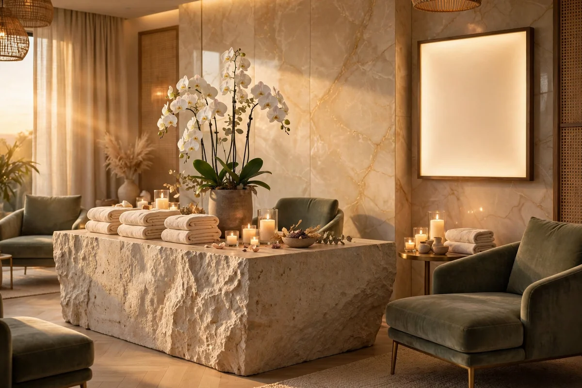 Luxury hotel spa reception with orchids, marble and warm lighting