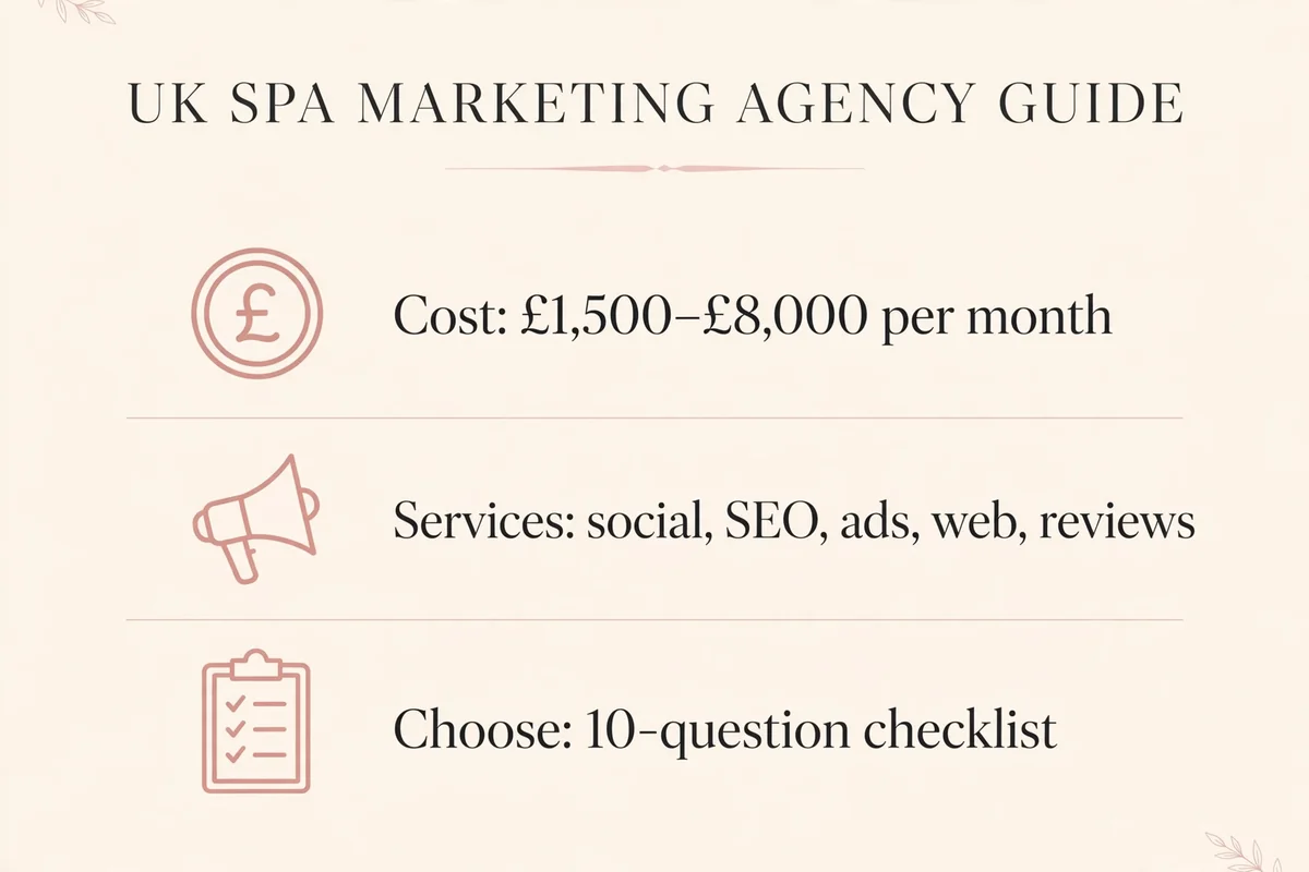 Key takeaways graphic: spa marketing agency costs, services and the 10-question selection checklist