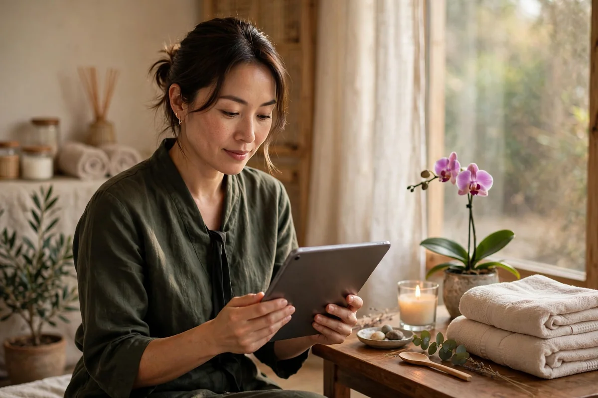 Spa owner in a calm treatment room reviewing a marketing report on a tablet
