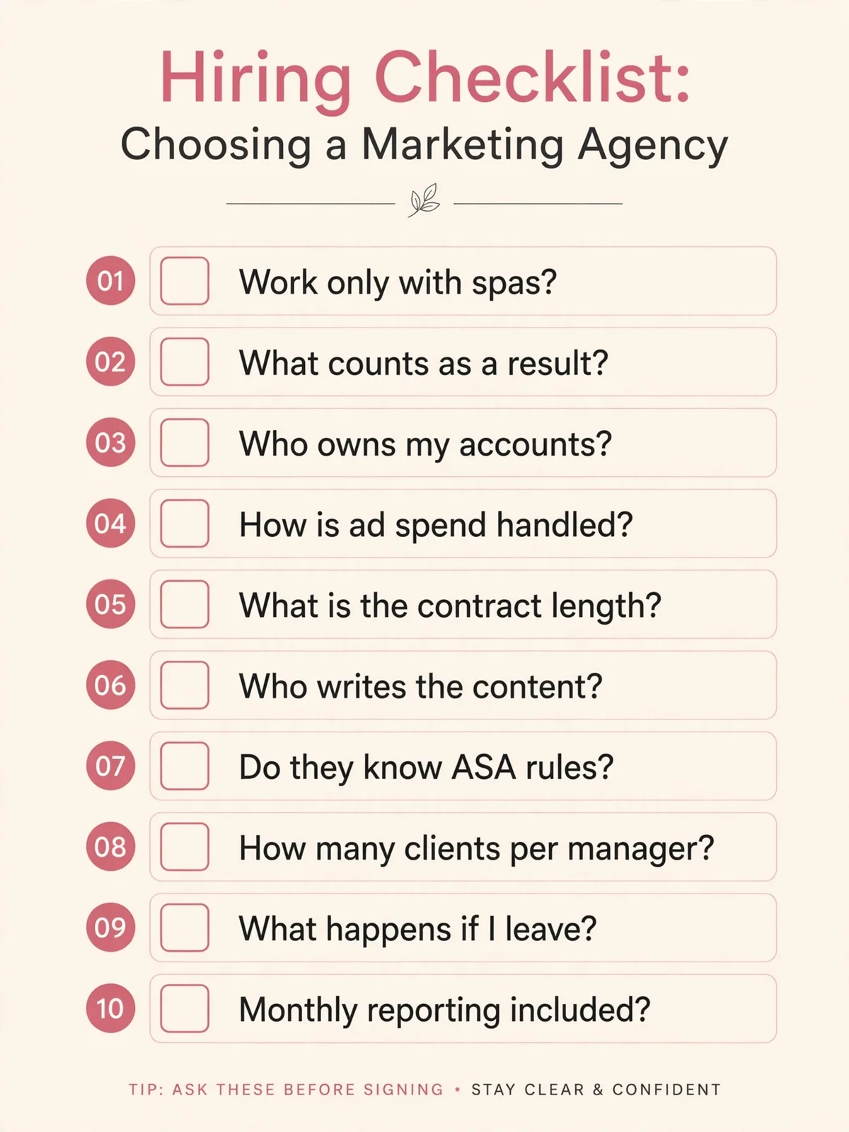 Hiring checklist graphic: ten questions to ask a spa marketing agency before signing