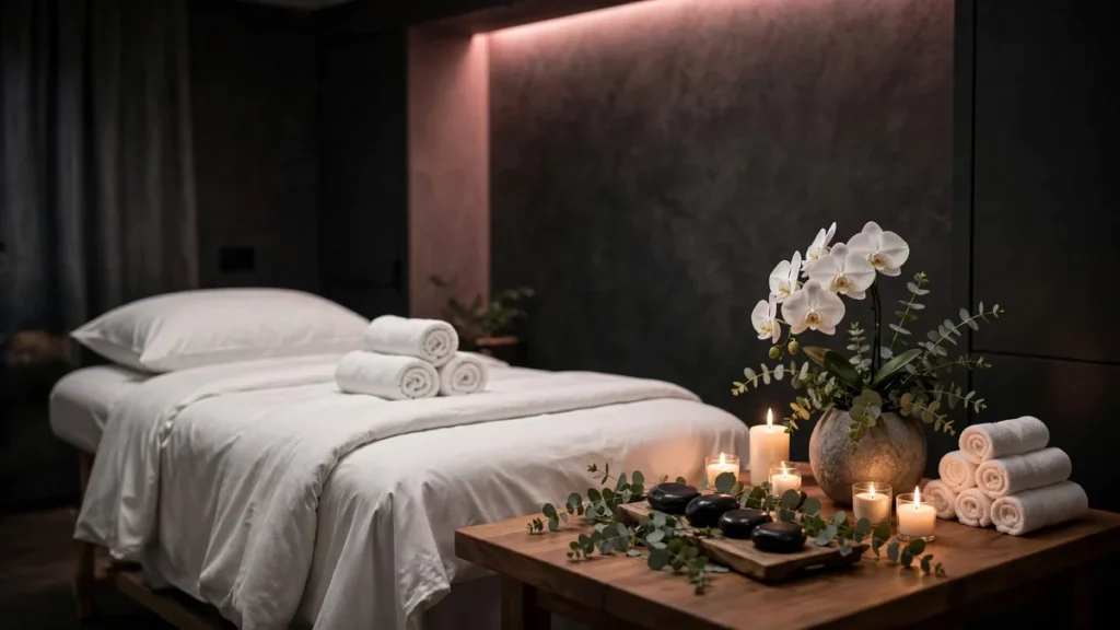 Elegant UK day spa treatment room with white linens, candles, orchids and rose-pink accent lighting