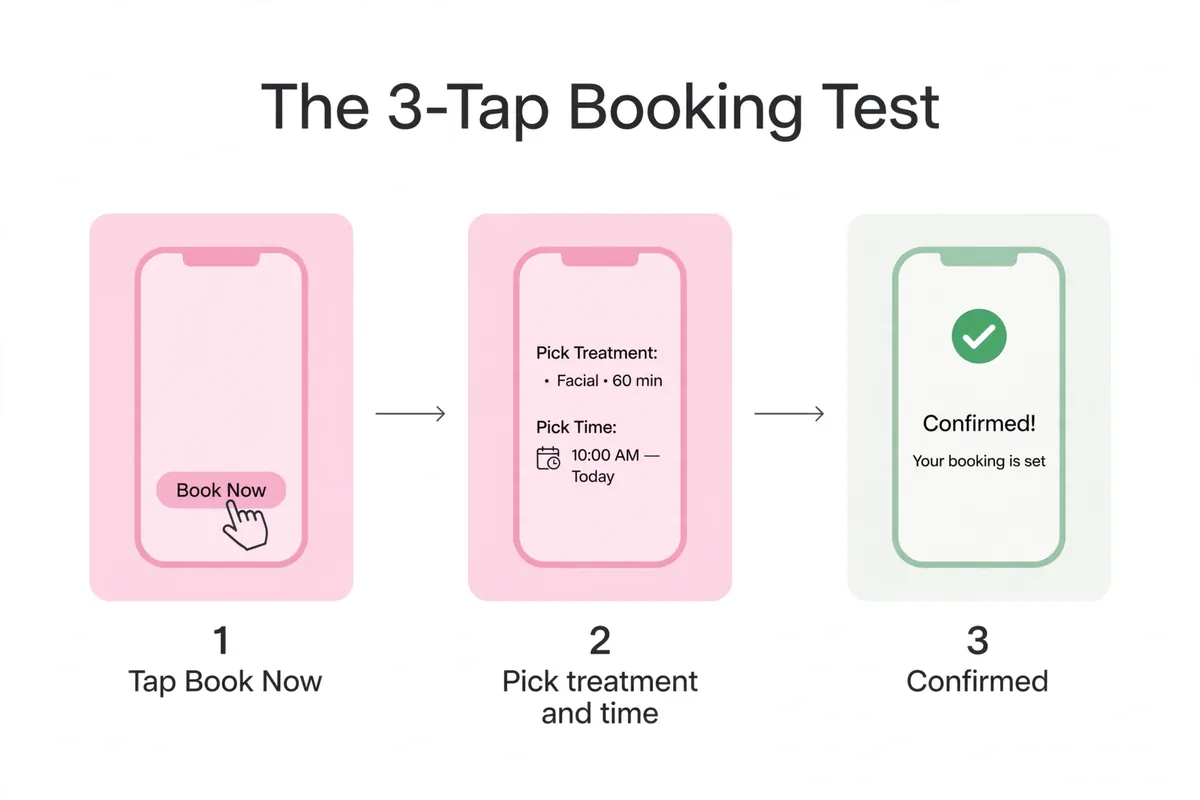 The 3-tap booking test for spas, Book Now, pick treatment and time, confirmed