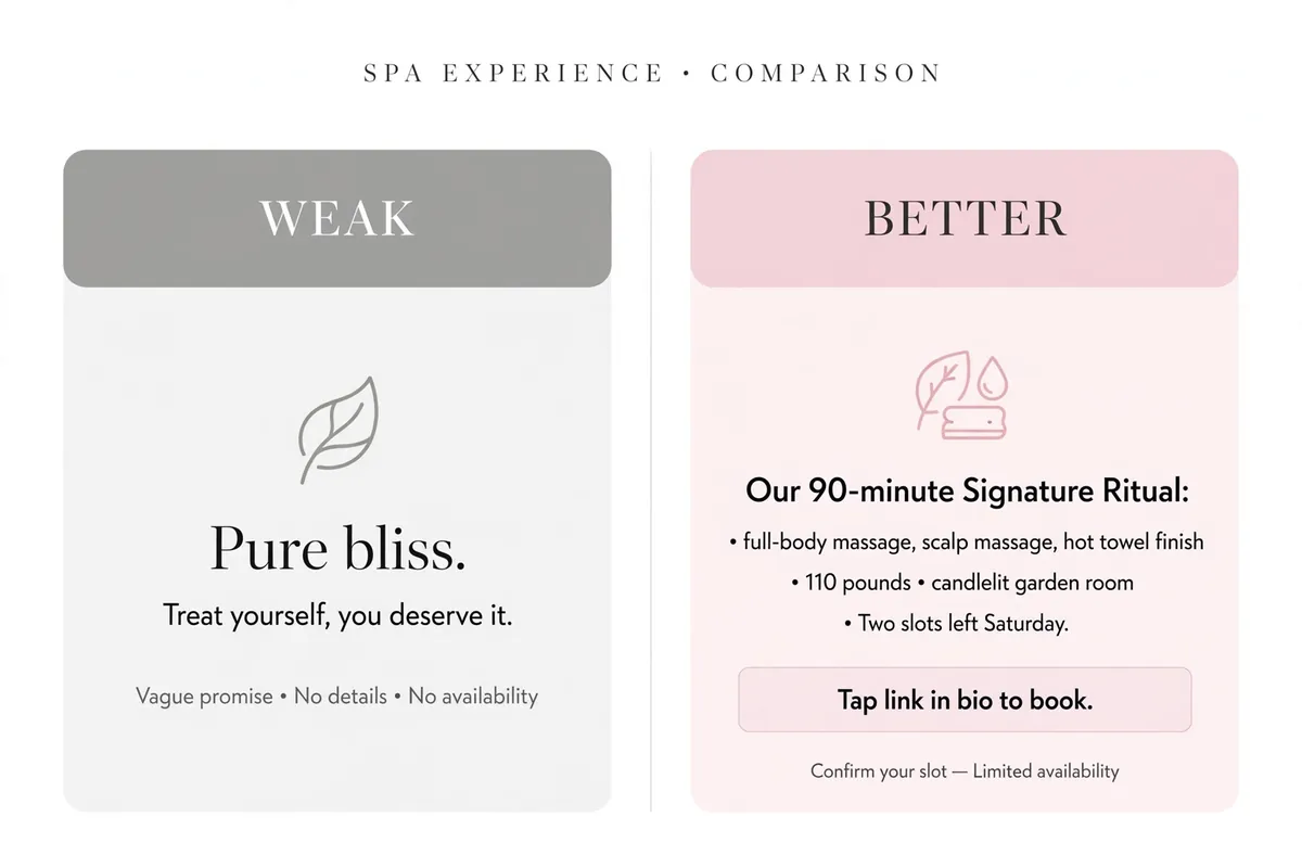 Weak vs better Instagram caption for spa marketing, a spa treatment post rewritten to include price and booking details