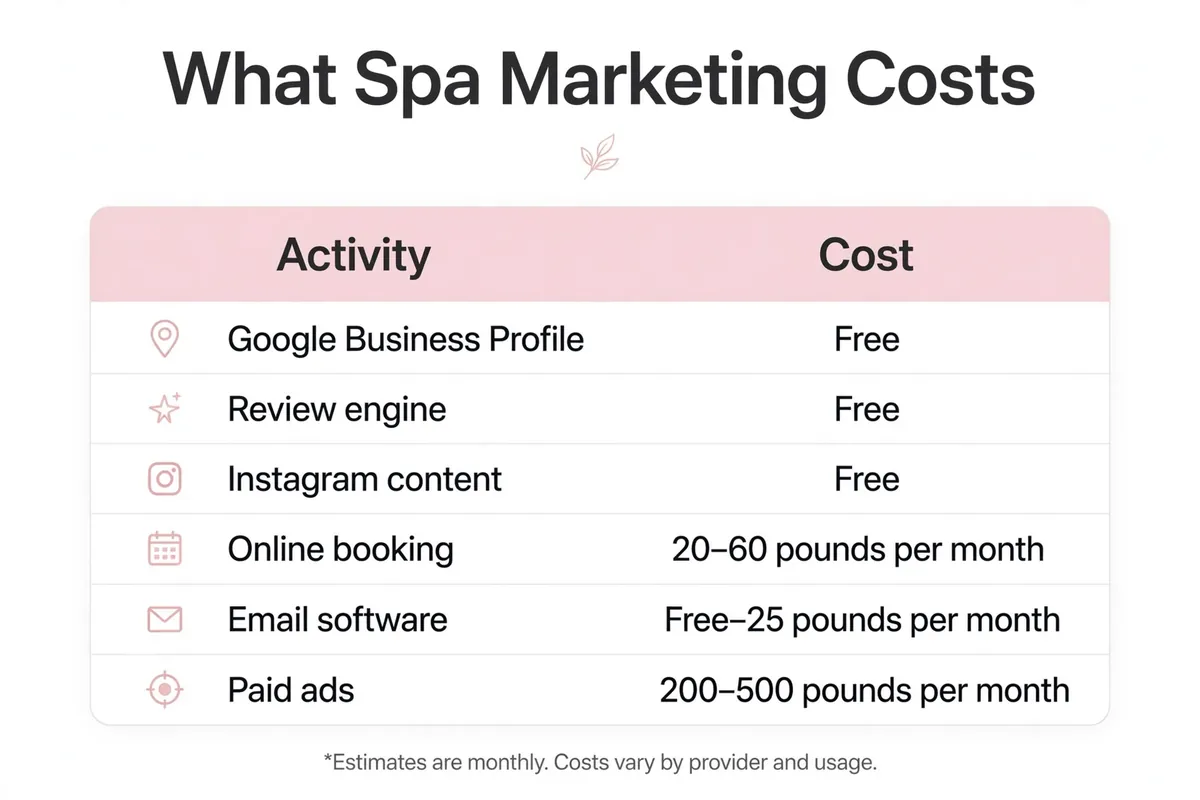 Table of honest spa marketing costs, what each activity costs per month, from free to paid ads