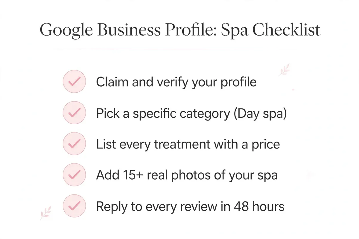 Checklist graphic: claim your profile, pick a specific category, list treatments with prices, add 15 real photos, reply to every review