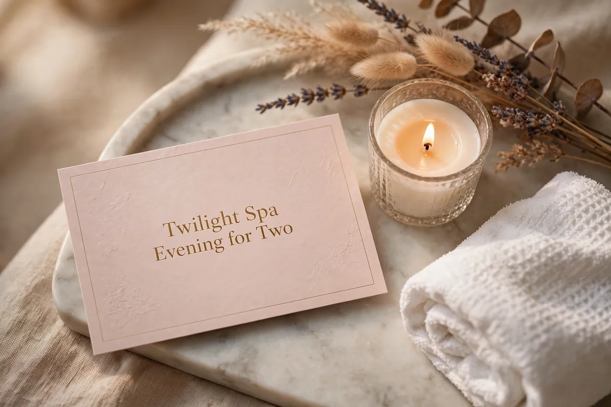 Twilight Spa Evening for Two gift voucher on a marble tray, spa gift vouchers that sell experiences, not amounts