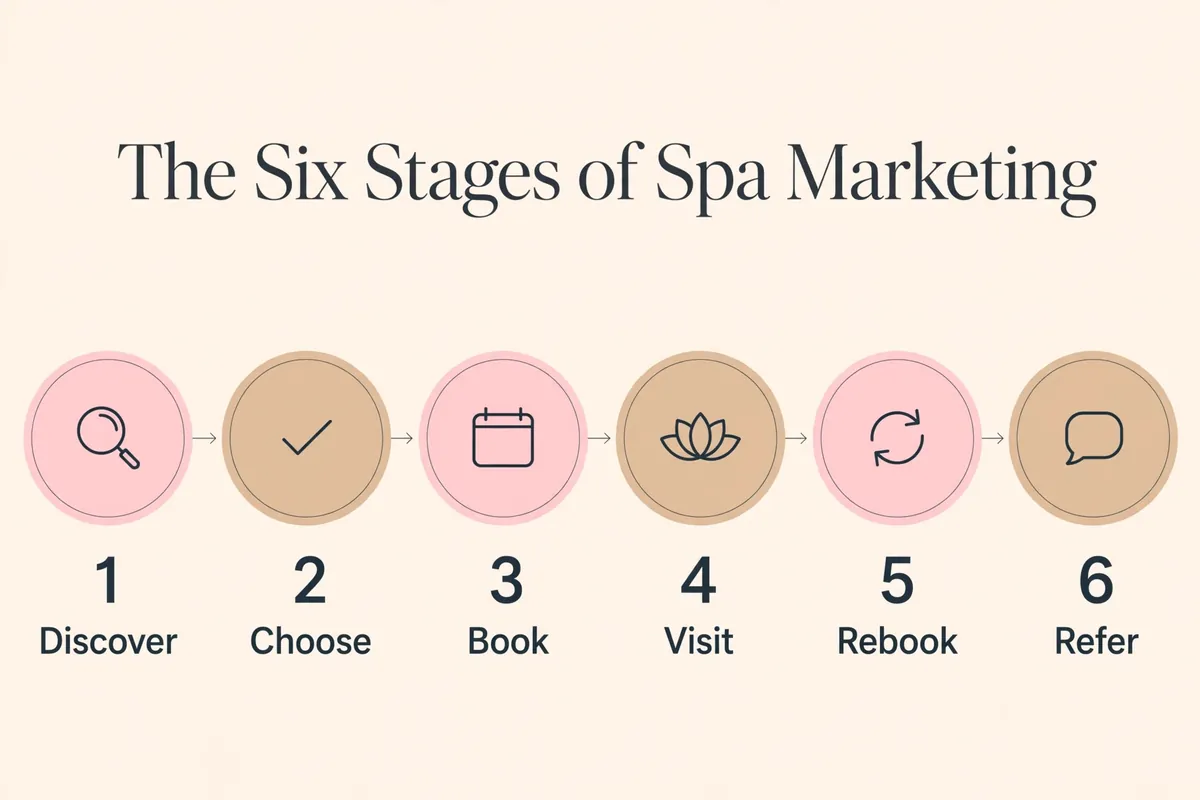 The six stages of spa marketing: discover, choose, book, visit, rebook and refer, the guest journey framework