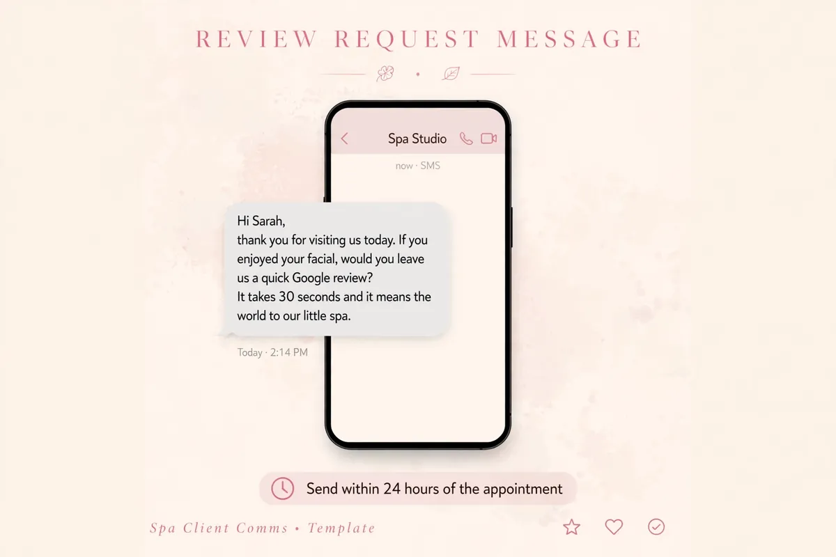 Copy-paste Google review request text message template for spa guests, sent within 24 hours