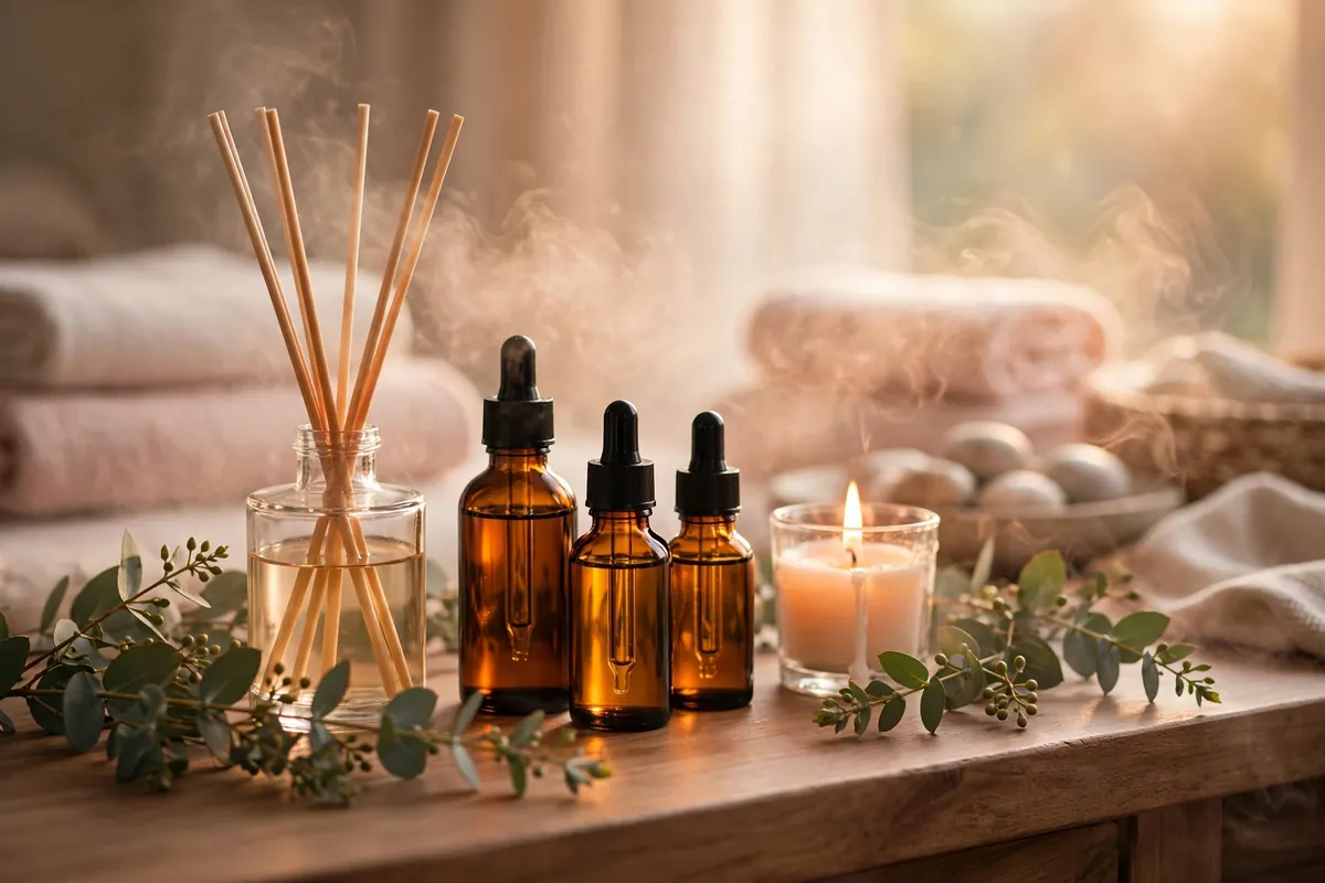 Reed diffuser and essential oils on a spa reception counter, spa scent marketing with one signature scent