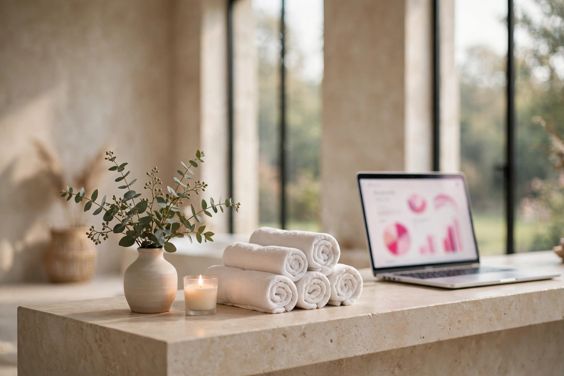Spa marketing software for UK spas, reception desk with laptop showing marketing charts