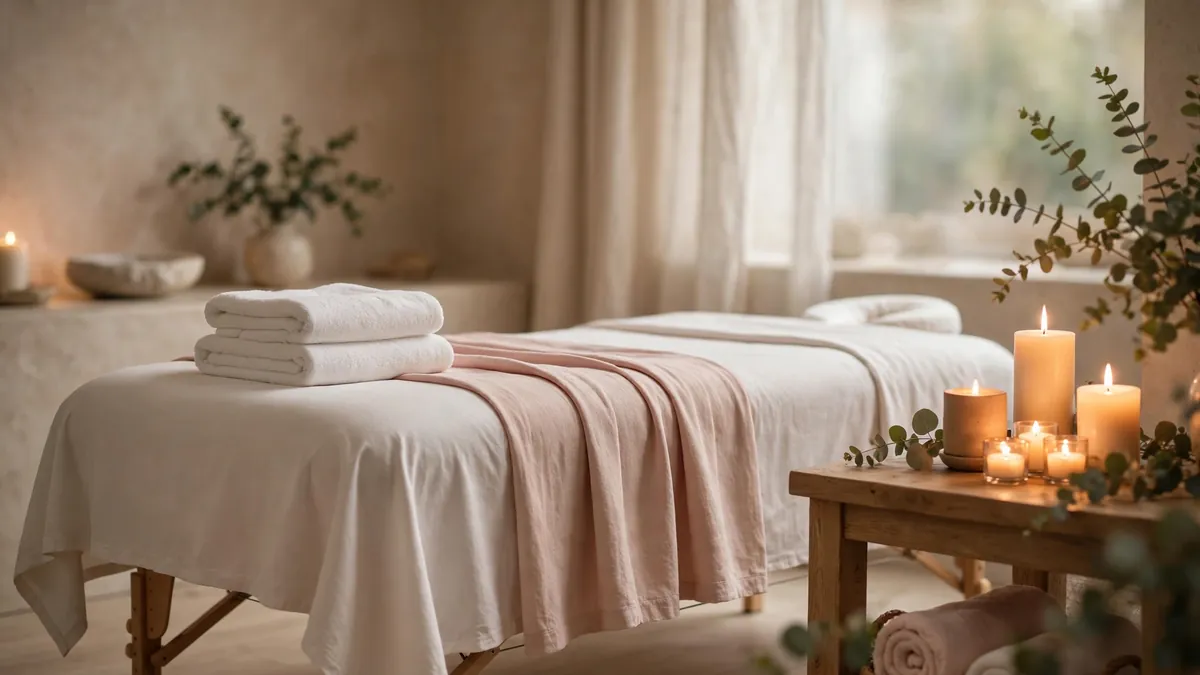 Serene UK spa treatment room with warm lighting, candles and folded towels, the calm atmosphere spa marketing should sell