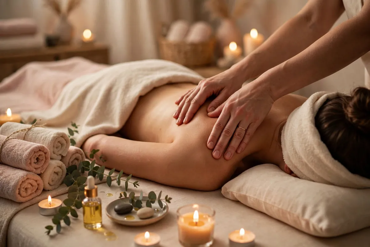 Therapist giving a shoulder massage in a candlelit spa treatment room, the visit is the marketing