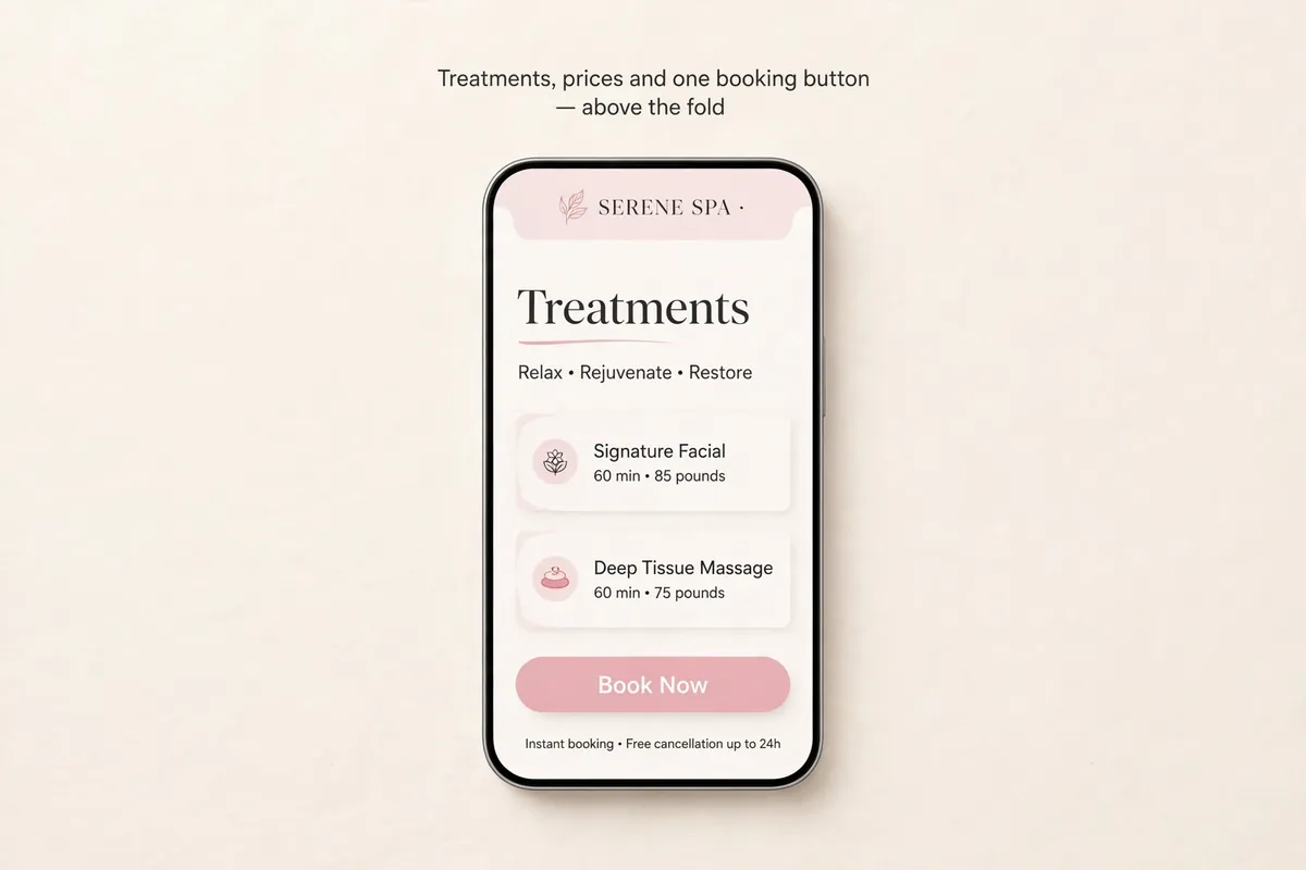 Smartphone mockup of a spa website showing treatments with prices and a Book Now button above the fold