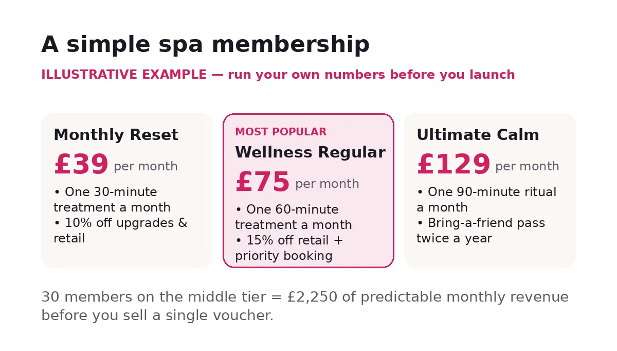Example spa membership pricing tiers, monthly reset, wellness regular, ultimate calm