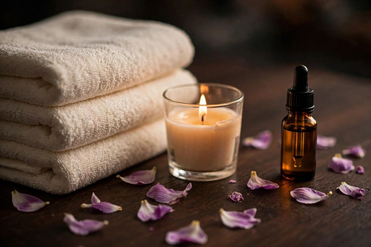 Spa treatment detail, towels, candle and oils setting the mood