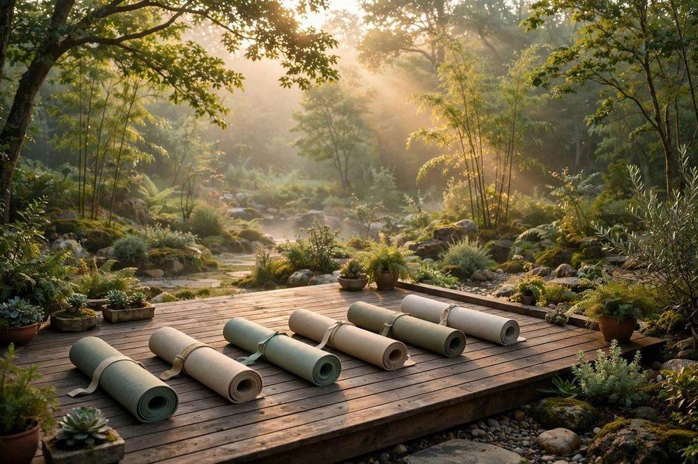 Wellness retreat event idea, yoga mats ready at a spa garden at sunrise
