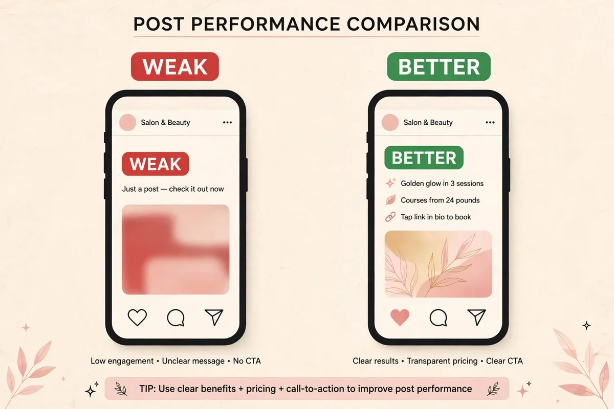 Before and after Instagram caption comparison for tanning salon marketing