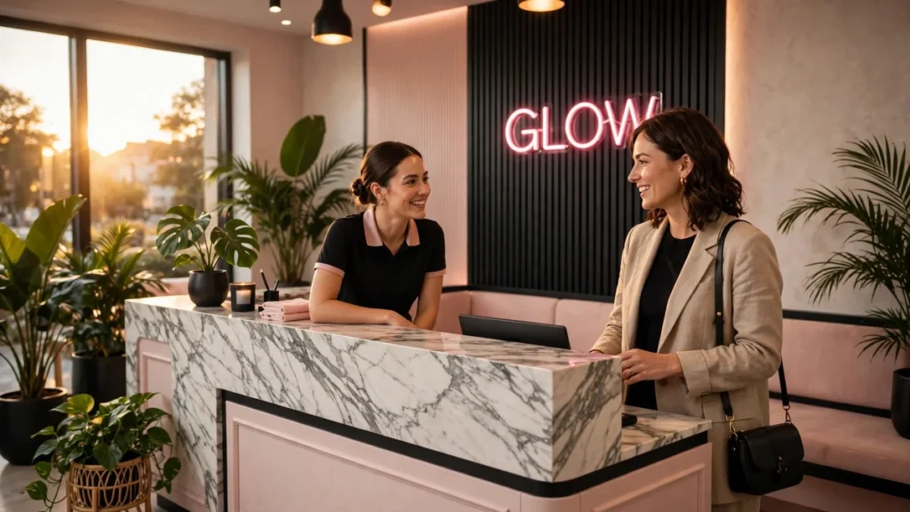 Tanning salon marketing UK, premium salon reception with staff welcoming an adult client