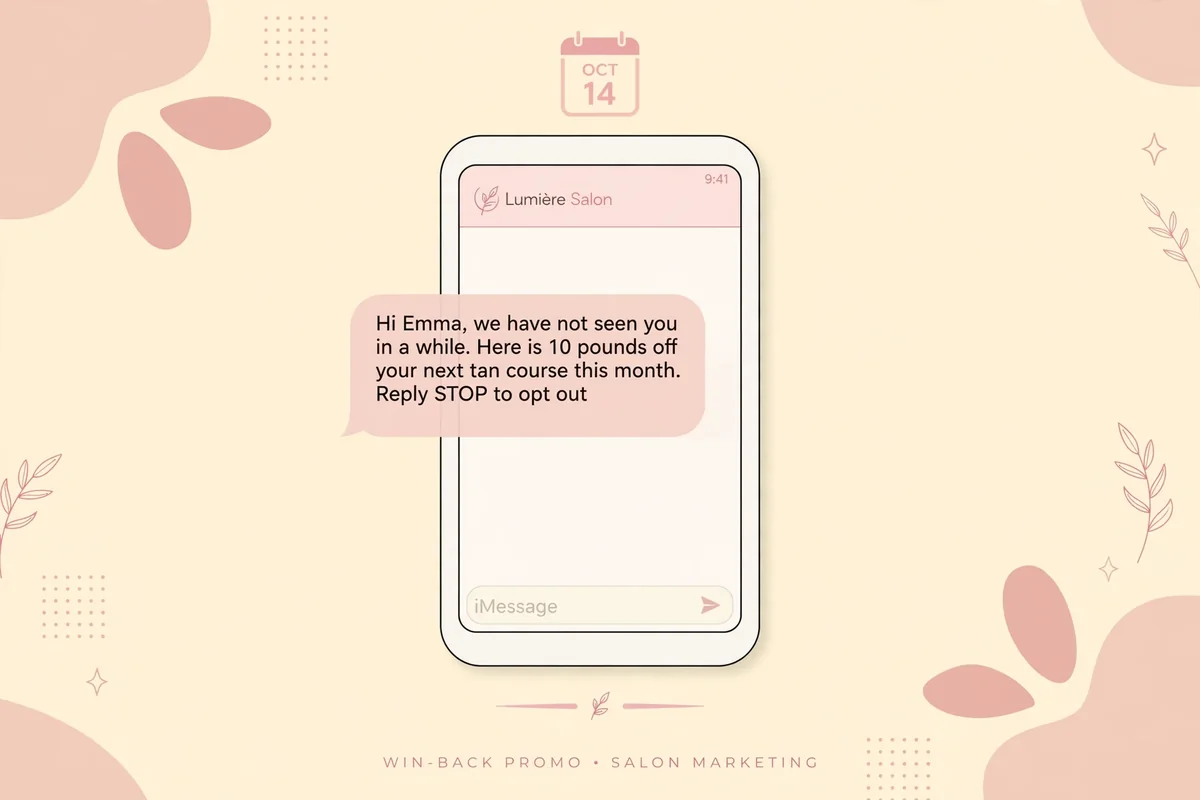 Win-back text message template for lapsed tanning salon clients