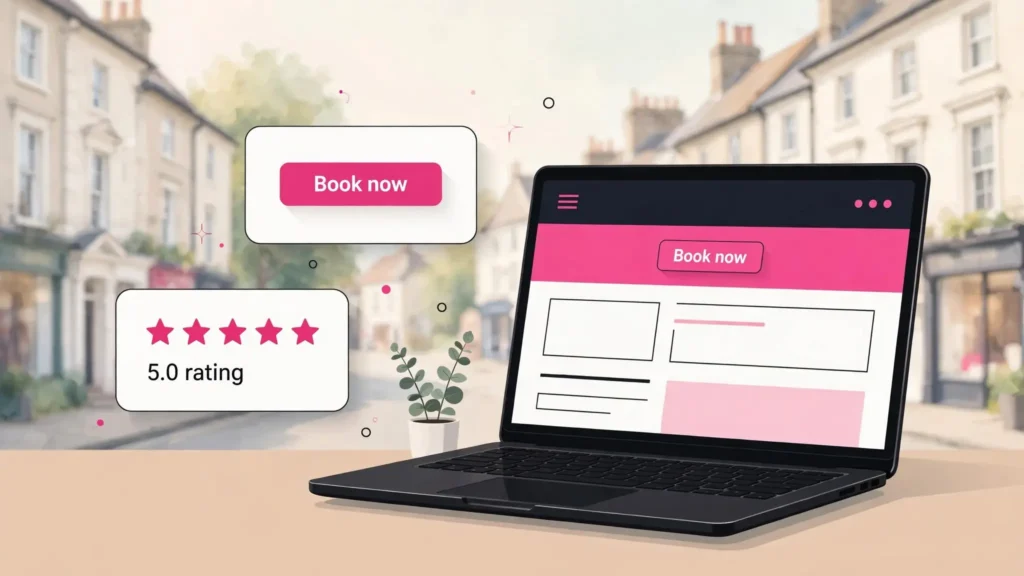 Web design Leamington Spa, laptop showing a booking-focused website wireframe with Book now button and 5-star rating card