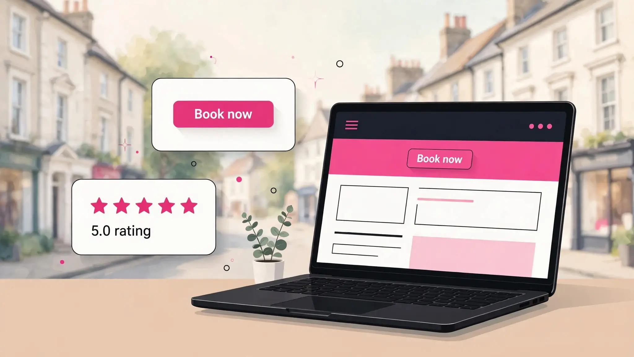 Web design Leamington Spa, laptop showing a booking-focused website wireframe with Book now button and 5-star rating card