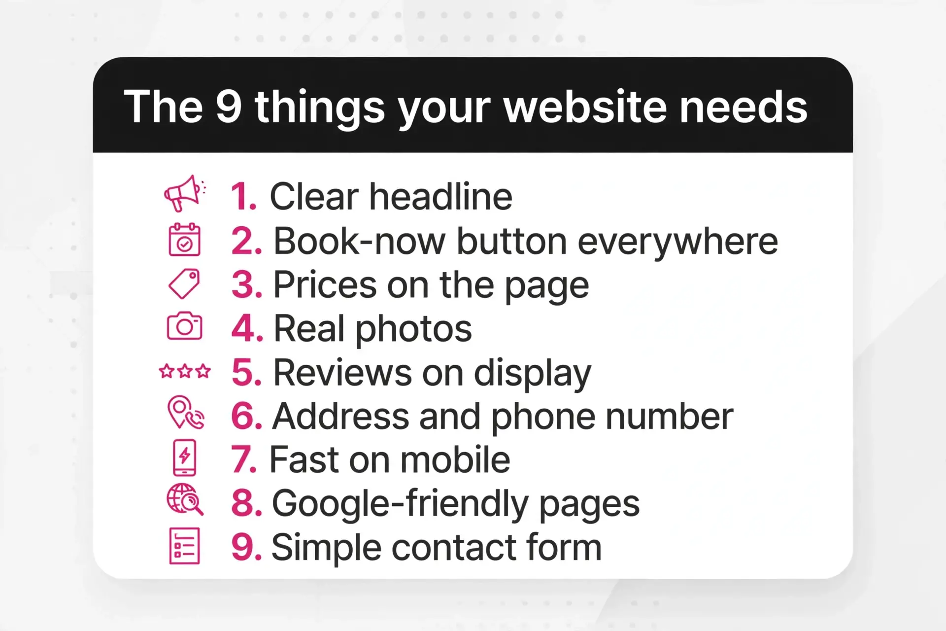 Summary graphic: the 9 things a Leamington Spa business website needs to win bookings