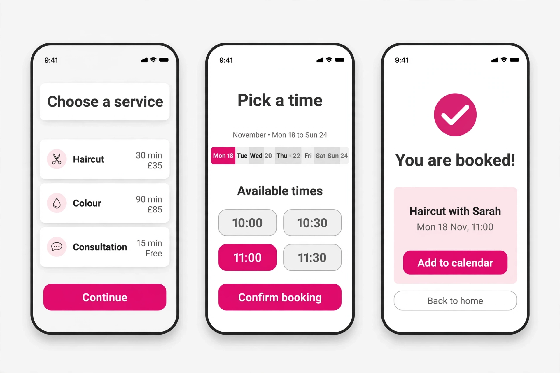 Three phone mockups showing a 3-tap salon booking journey in pounds sterling