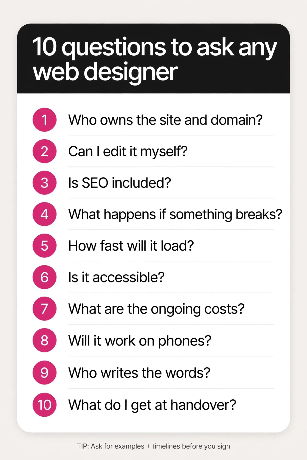 Checklist of 10 questions to ask any web designer before you sign