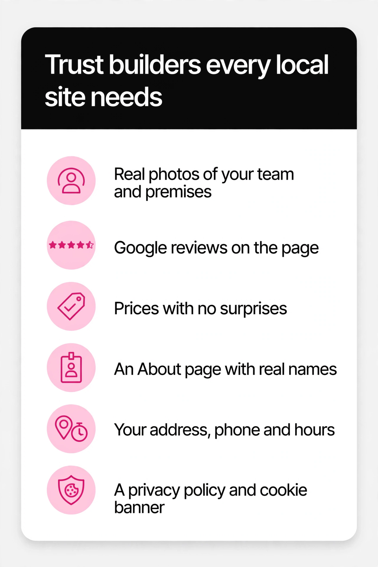 Checklist graphic: trust builders every local business website needs